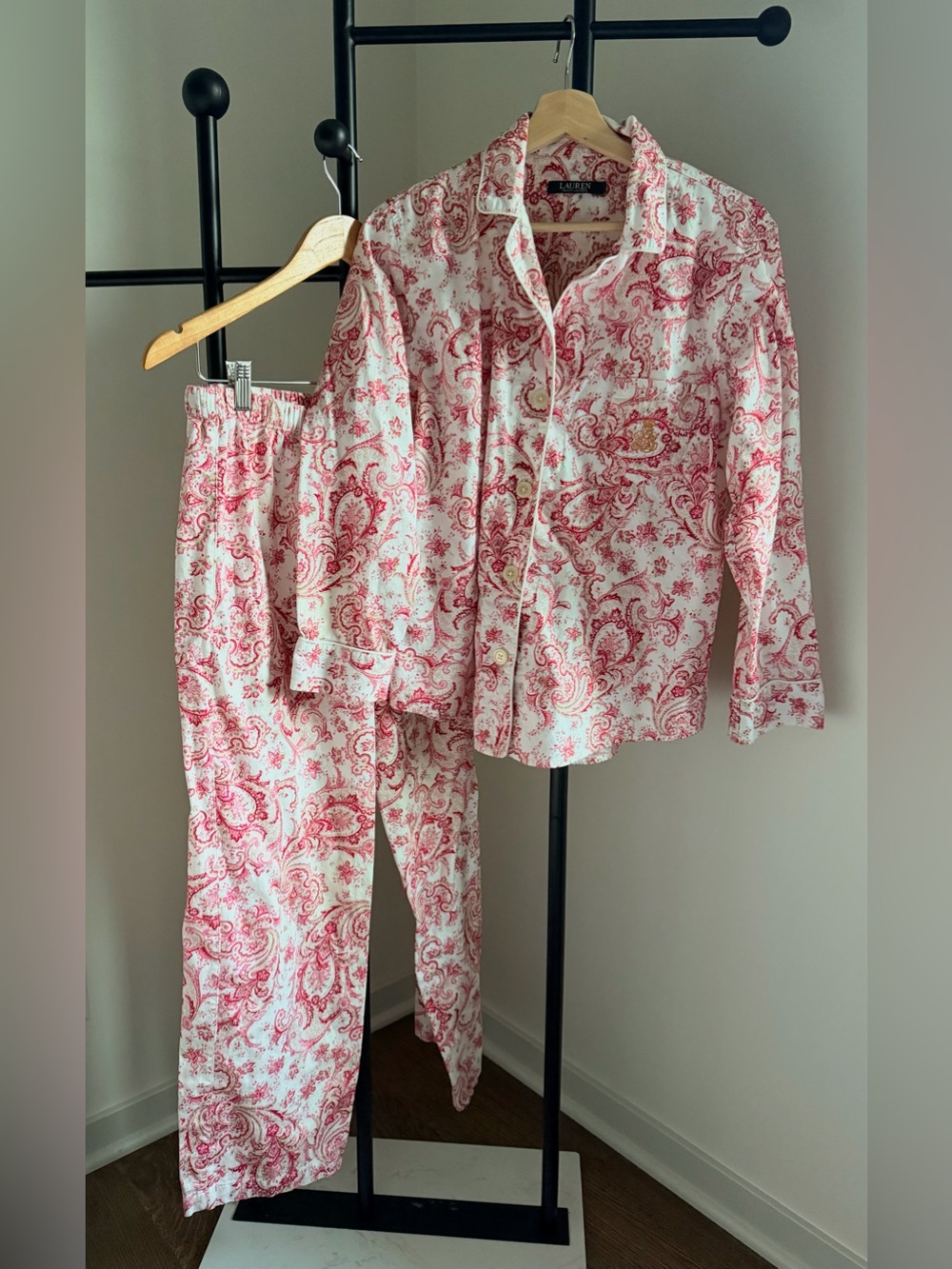 Lauren Ralph Lauren Pink Paisley Cotton Pajama Set Size Large Embroidered LRL